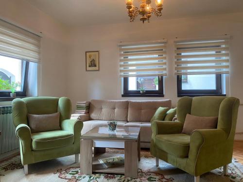 萨拉热窝艾娜公寓的客厅配有沙发和两把椅子