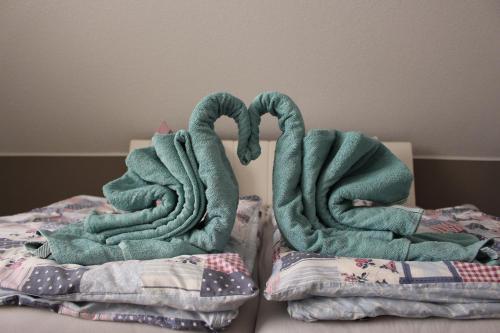 GoldbachFerienwohnung Goldbacher Blick的两条绿色毛巾坐在床上