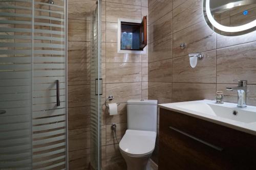 ÁvdhiraAvdira Seaside House的浴室配有卫生间、盥洗盆和淋浴。