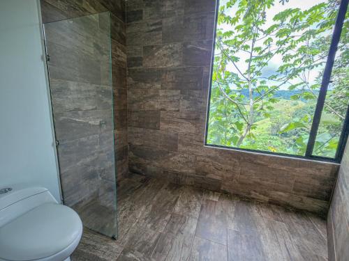 多拉代尔HOTEL MADEIRA BOUTIQUE的带淋浴和卫生间的浴室以及窗户。