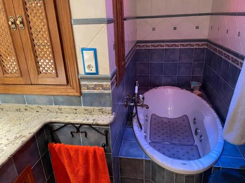 孔苏埃格拉Casa espaciosa con sala de juntas的浴室配有蓝色瓷砖浴缸