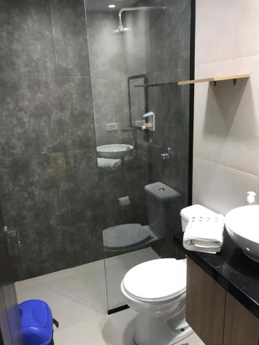 圣克鲁斯Stanza Equipetrol的带淋浴、卫生间和盥洗盆的浴室