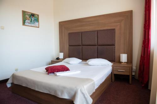 拉姆尼库沃尔恰全景酒店的一间卧室配有一张大床和大床头板