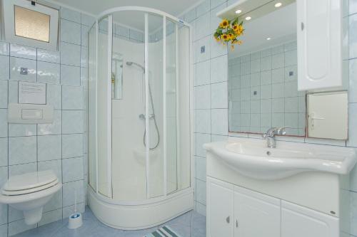 尼亚卢卡Apartments by the sea Cove Nova, Korcula - 11353的带淋浴、卫生间和盥洗盆的浴室