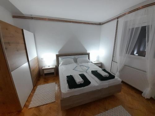 皮罗特Apartman Stevan的一间卧室配有带两个枕头的床和窗户