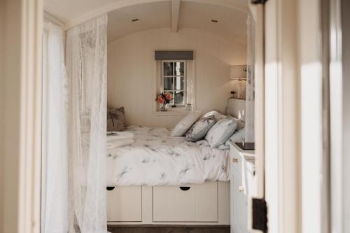 科尔切斯特The Dragonfly Shepherds Hut的一间卧室设有一张大床和窗户