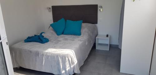 比斯卡罗斯Chambre d'hôtes Entre-deux Lacs的一间卧室配有一张带蓝色枕头的床。