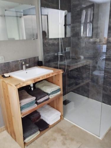 吕斯特勒Chambre d’hôtes l’Orange Bleue的一间带水槽和淋浴的浴室