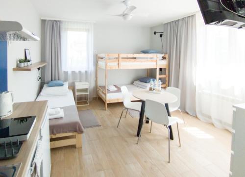 Apart Hostel S8的小房间设有桌椅和双层床