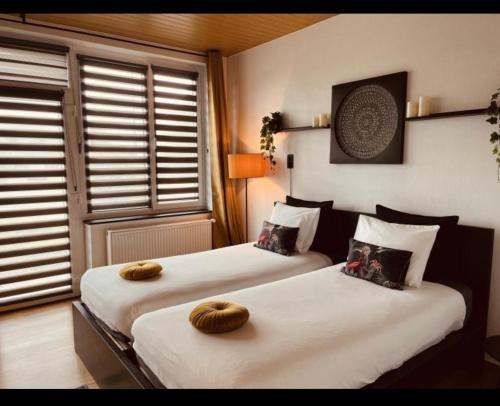 巴斯托涅La Villa Bastogne chambre d'hôtes 1的两张位于酒店客房的床,配有毛巾