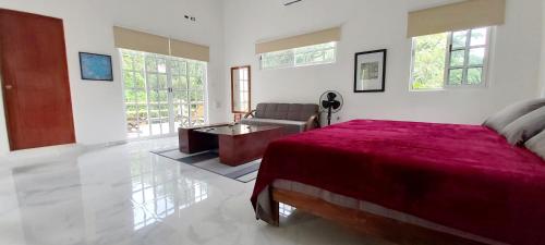科苏梅尔NEW! CASA XOLA Cenote and Fauna Loft的一间卧室配有红色的床和一张沙发