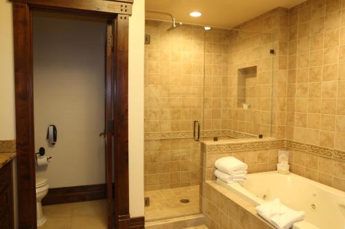 帕克城Junior King Suite Hotel Room的带浴缸和卫生间的浴室。