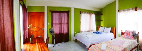 Santa CruzHotel Restaurante Los Cocos的一间设有两张床和绿色墙壁的客房