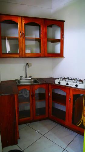 Santa CruzHotel Restaurante Los Cocos的厨房配有水槽、炉灶和橱柜。