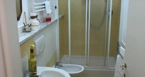 米利亚里诺Casa Tognetti的带淋浴、两个盥洗盆和玻璃淋浴间的浴室