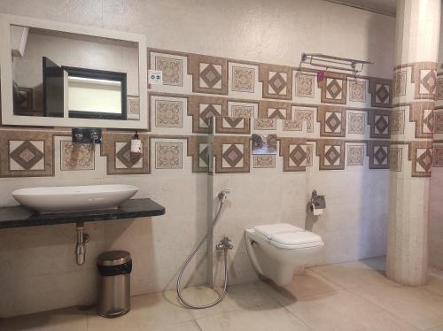 古瓦哈提Hotel Rudraksh- Near VIP Airport Guwahati的一间带水槽、卫生间和镜子的浴室
