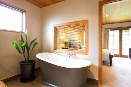 格莱诺基格林诺奇湖酒店的带浴缸和盆栽的浴室
