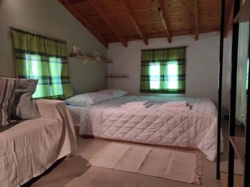 Parákoila''Koukmos beach'' Greenspace Living - Private sandy beach的一间卧室设有两张床和两个窗户。