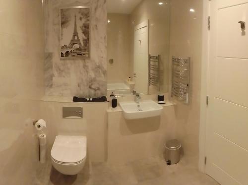 基尔肯尼Kilfane Country Lodge的白色的浴室设有卫生间和水槽。