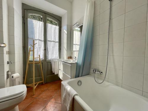 圣佩莱格里诺温泉[AvocadoHouse] Incredibile Appartamento Con Vista的带浴缸、卫生间和盥洗盆的浴室