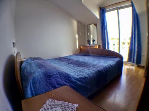 普利兹巴Apartments by the sea Prizba, Korcula - 14385的一间卧室设有蓝色的床和窗户。