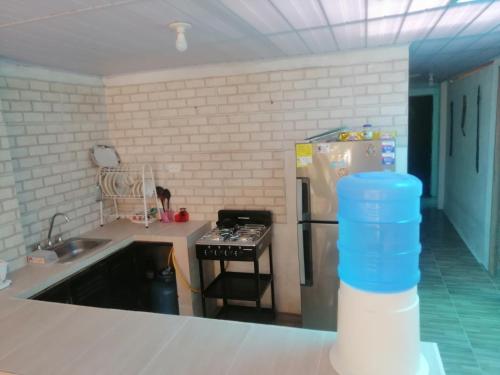 莱蒂西亚ApartaRefugio EL RETIRO VERDE 2的厨房在柜台上备有一瓶水