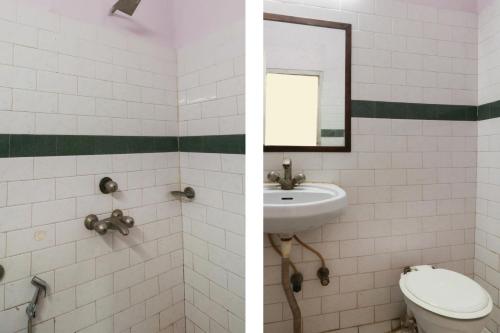 比拉斯布尔Hotel Natraj的浴室的两张照片,配有卫生间和水槽