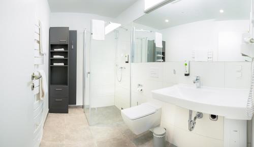 马格德堡Das ELB Boardinghouse Hotel Restaurant的白色的浴室设有水槽和卫生间。