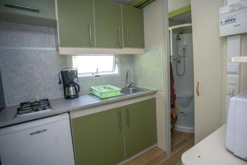 帕米耶阿帕米亚露营地的一个带绿色橱柜和水槽的小厨房