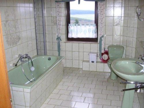 布兰肯海姆Ferienwohnung-Freuen的浴室配有绿色浴缸和水槽