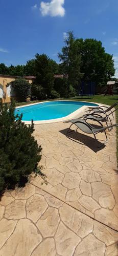 霍德梅泽瓦沙海伊肯古鲁潘齐奥酒店的游泳池旁设有两把草坪椅
