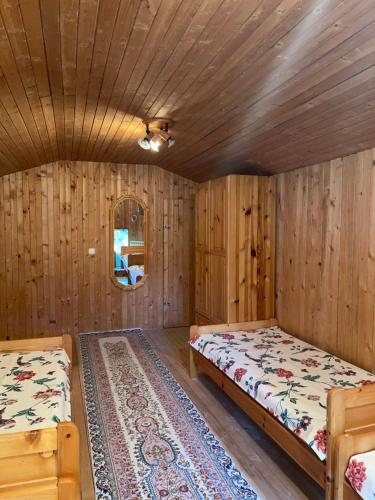 波罗维茨Villa Alexa的一间带两张床的卧室和地毯