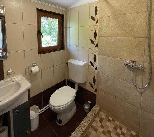 索瓦塔Pensiunea Aby的浴室配有卫生间、盥洗盆和淋浴。