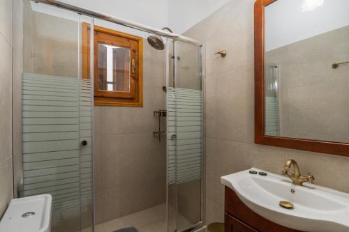 阿达玛斯Granny's Yard的带淋浴、盥洗盆和镜子的浴室