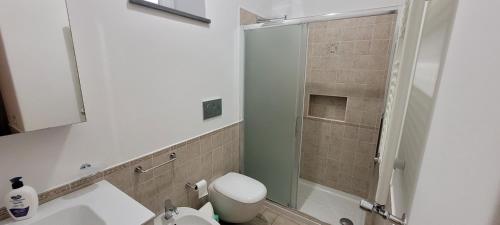 利帕里Casa Eoliana的带淋浴、卫生间和盥洗盆的浴室
