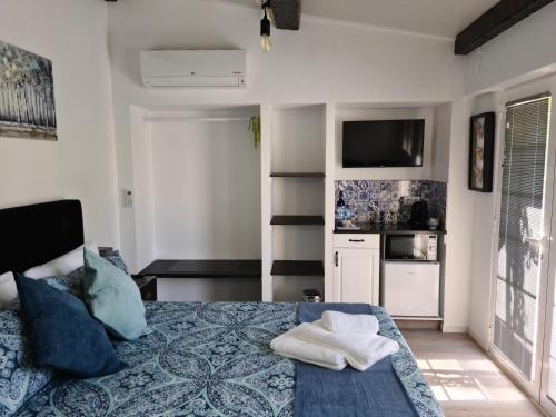 卡尔达斯达·赖尼亚Casa das Margaridas的一间卧室配有一张床和一台电视,还设有一间厨房