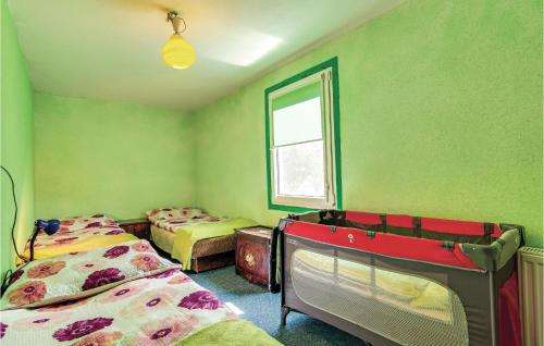 Mścice1 Bedroom Gorgeous Home In Mscice的绿色的客房设有两张床和窗户。