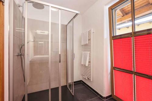 瓦尔德明兴Hotel Garni zum Schwan的浴室设有玻璃淋浴间和红色门