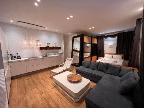 奥诺斯Majestic Mykonos的客厅配有沙发和1张床