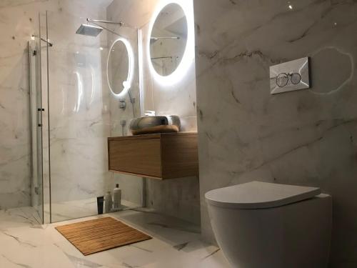 斯维诺乌伊希切Bryza Morska的浴室设有卫生间和带镜子的淋浴