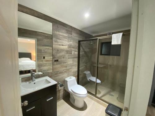 孔斯蒂图西翁La casona Talpen的浴室配有卫生间、淋浴和盥洗盆。