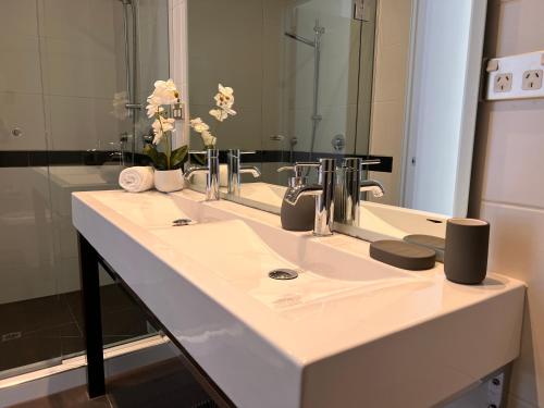 皇后镇Iconic Queenstown的浴室的柜台设有水槽和镜子
