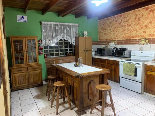阿拉胡埃拉Gardens House, Airport Juan Santamaría, Alajuela, San José的厨房设有绿色的墙壁和带凳子的岛屿
