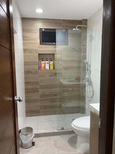 美岸Vivere Condominium的带淋浴、卫生间和盥洗盆的浴室