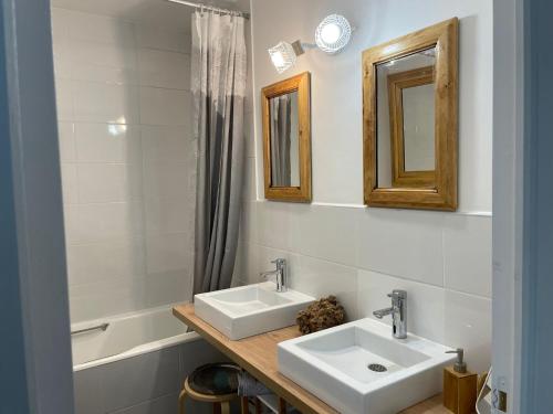 MontmagnyMaison dans sa Jungle, aux milliers d’espèces…的浴室设有2个水槽、镜子和浴缸。