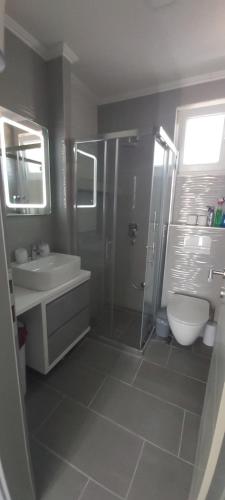 莫斯塔尔Urban House M & M的带淋浴、盥洗盆和卫生间的浴室