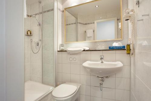 慕尼黑Hotel Aurbacher Hof GmbH的一间带水槽、卫生间和镜子的浴室