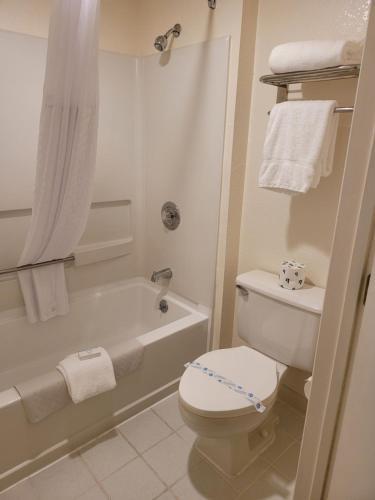 贝灵厄姆MorningGlory Inn & Suites的浴室配有卫生间、浴缸和水槽。