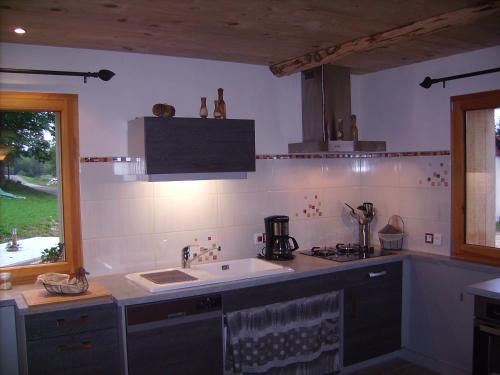 蓬塔利耶Gite du Brin d'Herbe的厨房配有水槽和炉灶