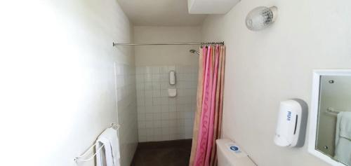 布里奇敦马尔福兰扎公寓酒店的带淋浴和粉红色浴帘的浴室